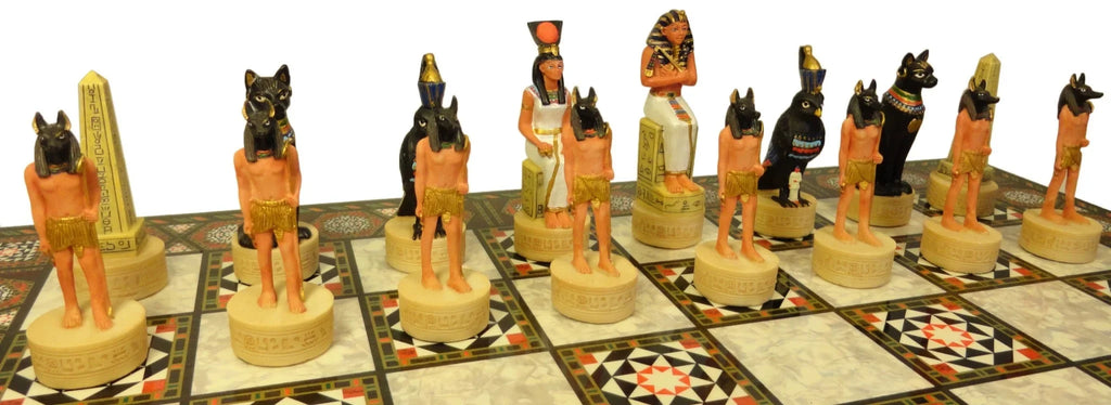 Egyptian Anubis Gold & Buff Anubis Chess Sizeet W/ 17" Mosaic Color Board