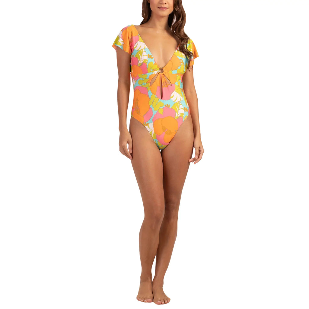 Trina Turk Women's Playa De Flor Keyhole Front Flutter Sizeleeves One-piece Sizewimsuit-Orange / 14