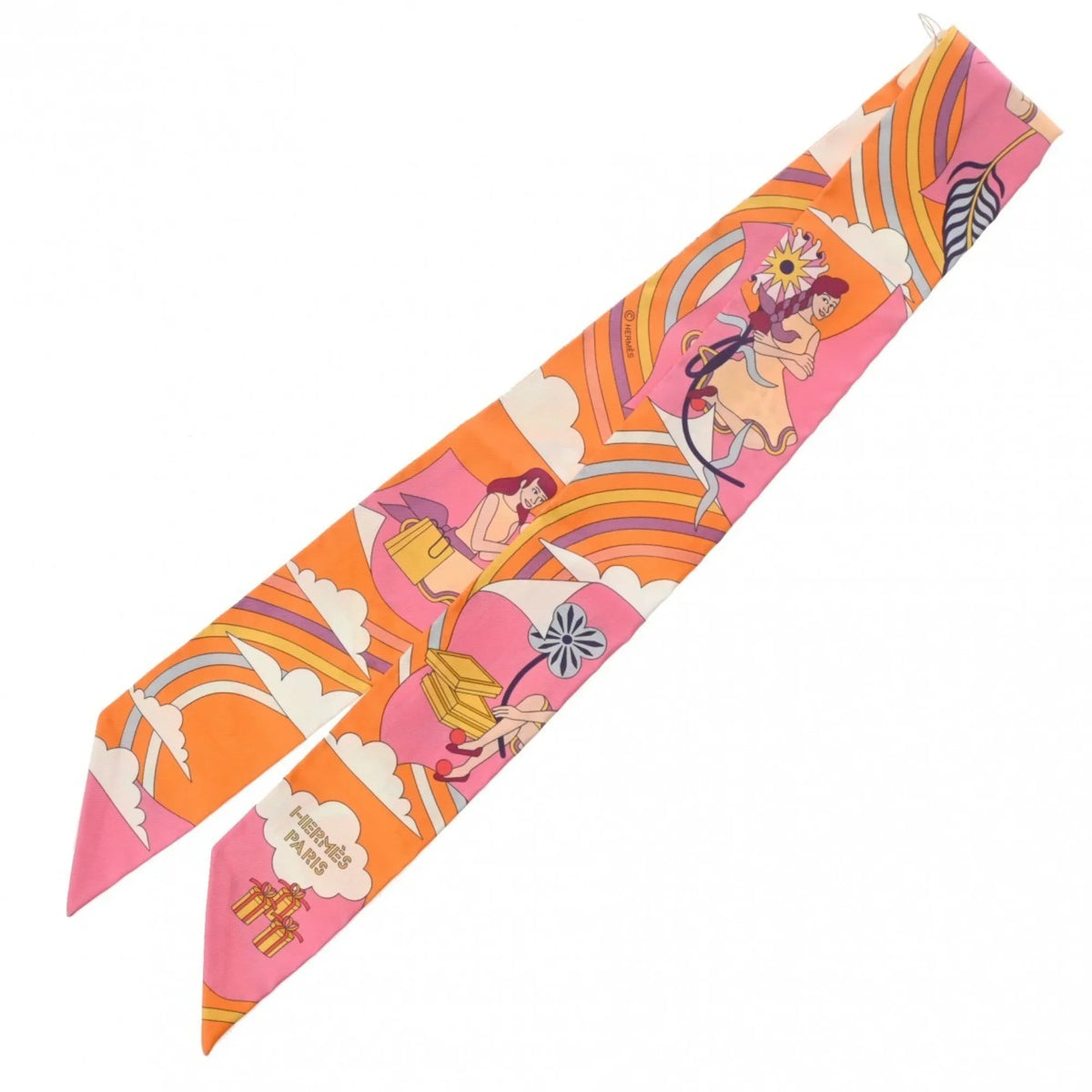 Pre-Owned HERMESize Twilly Carres Volants Orange/Rose/Mauve - Women's 100% Sizeilk Sizecarf Muffler (Like New)