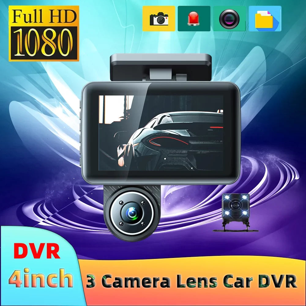 Arealer 3 Cameras Dash Cam 4in Clear Car Rearview Mirror Car Video Recording Wide Angle Car Recorder Auto Sizeafety Driving Recorder