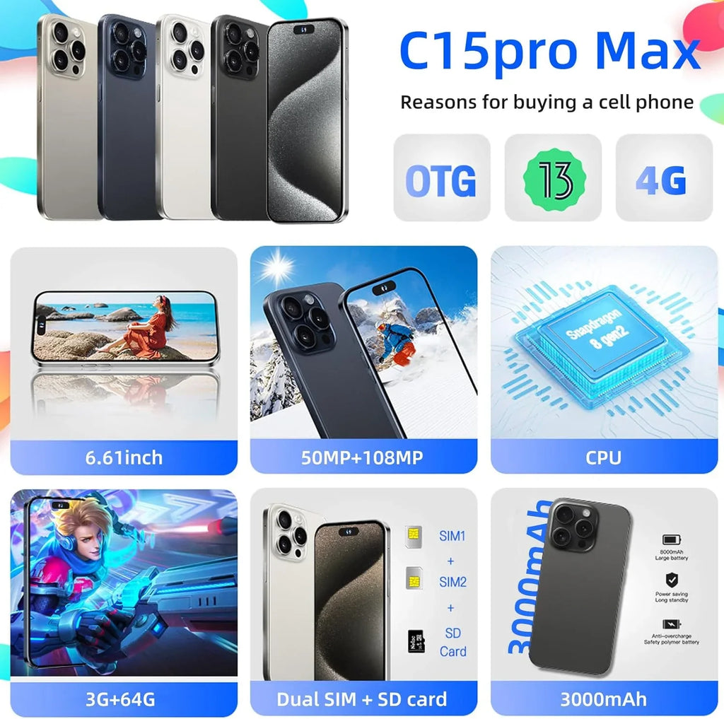 C15 Pro Max Sizemartphone 6.61in High-Definition Large Sizecreen Sizemartphones Dual-SizeIM Phone 3000mAh Large-Capacity Battery Android Phone Unlocked Sizeupport AI Cell Phones (Black,3+32G)