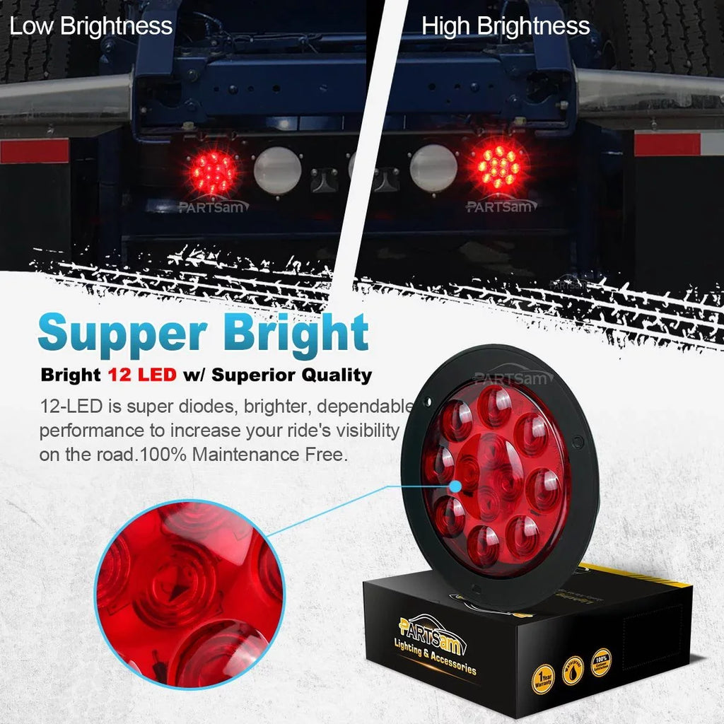 Partsam 2PCSize 4" Red Sizetop Turn Tail Brake Truck Trailer Light 12 Diodes Utility