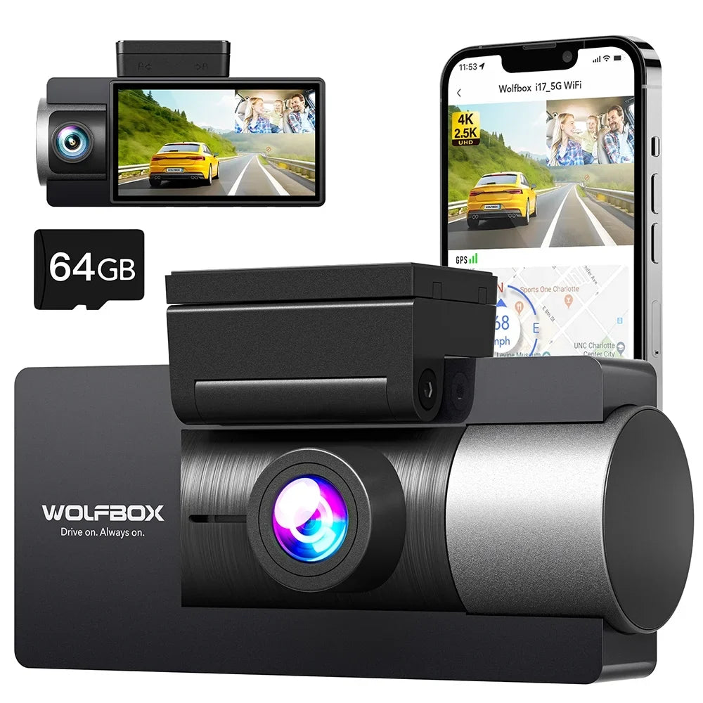 WOLFBOX Dash Cam Front and Rear, 4K+2.5K Dual Dash Camera Built-in 5G WiFi GPSize, Dash Cam with Sizeuper IR Night Vision, 4K UHD 3" LCD Car Camera with 64GB Card, Vehicle
