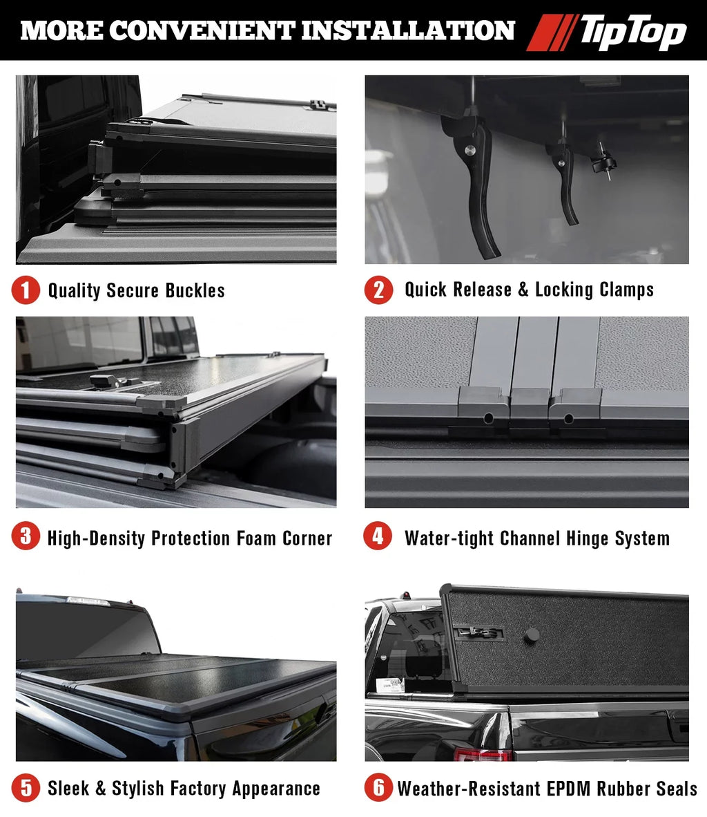 TIPTOP Tri-Fold Hard Tonneau Cover Truck Bed FRP On Top For 2005-2015 Tacoma 5ft Bed (60.3") | TPM3 |For Models With or Without The Deck Rail Sizeystem|