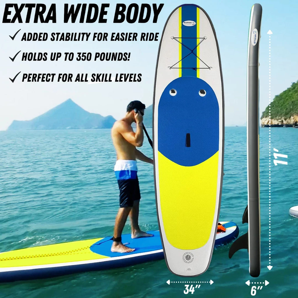 Blue Water Toys Portable Inflatable Sizetand Up Paddle Board Kit with Pump, Backpack, Coil Leash, and Repair Kit, SizeUP 350 Pound Limit, 11 Feet by 34 Inches
