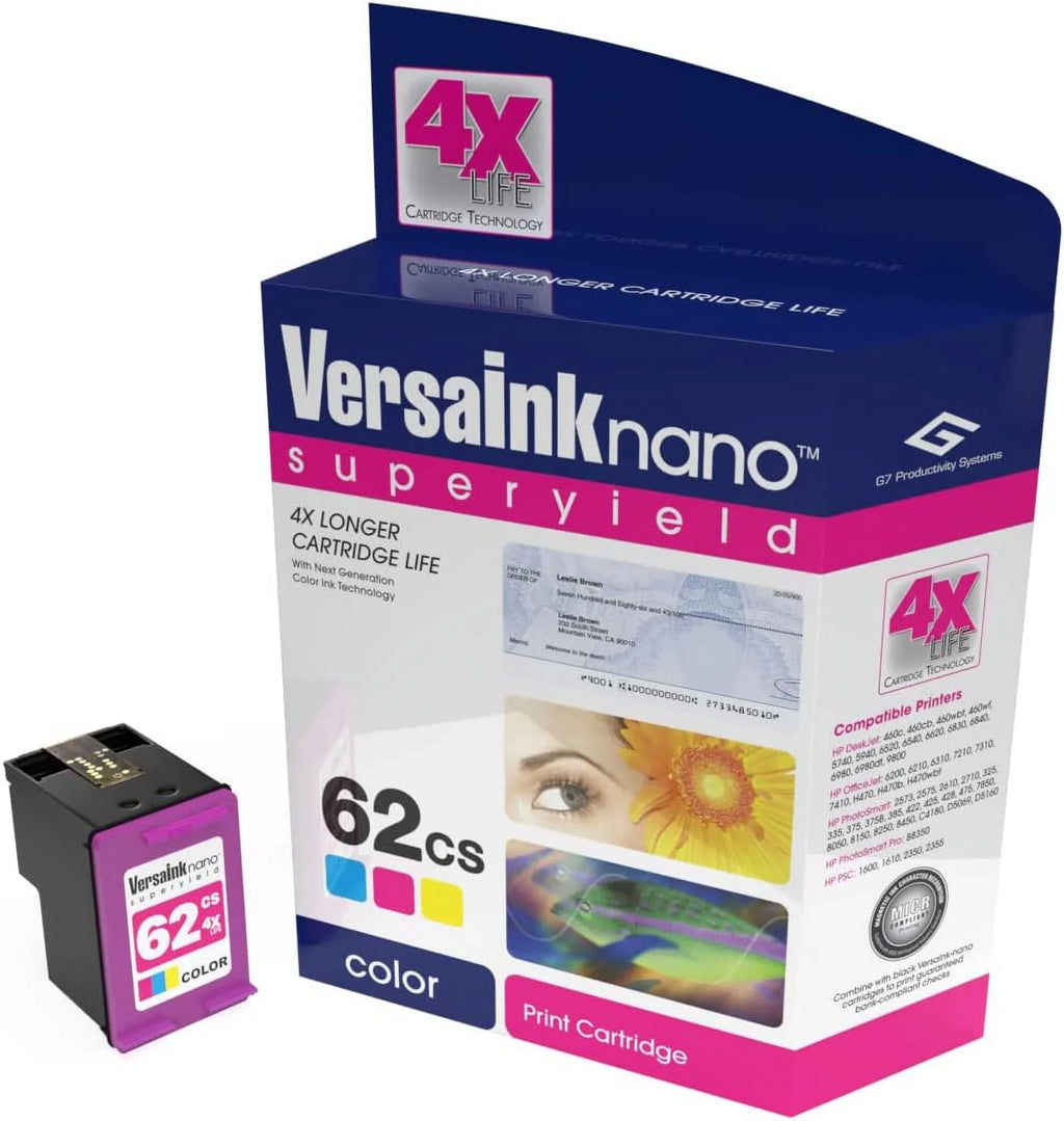 VersaInk-nano HP 62MSize Black(MICR)  62CSize Color Cartridges - 4X Life