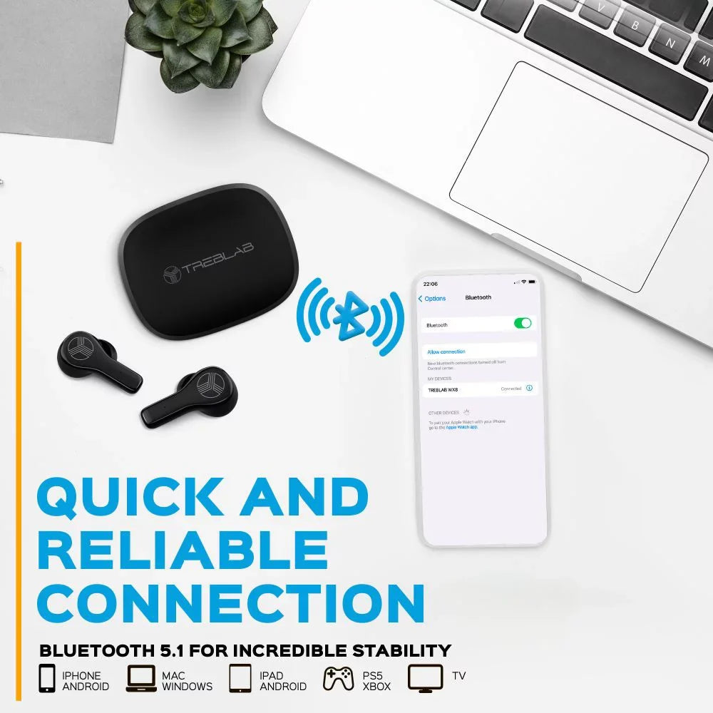 TREBLAB WX8 - True Wireless Earbuds, IPX8 Waterproof Earbuds with up 28H of Play Time, Bluetooth 5.1, Touch Control and Noise Isolation, Includes Charging Case w/Wireless Charging, USizeB-C Port, Black