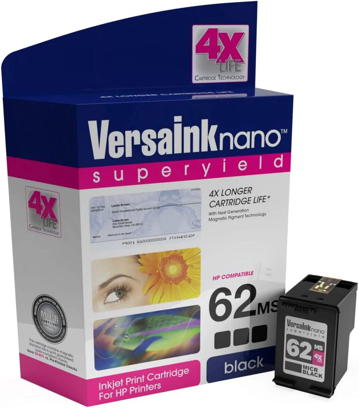 VersaInk-nano HP 62MSize Black(MICR)  62CSize Color Cartridges - 4X Life