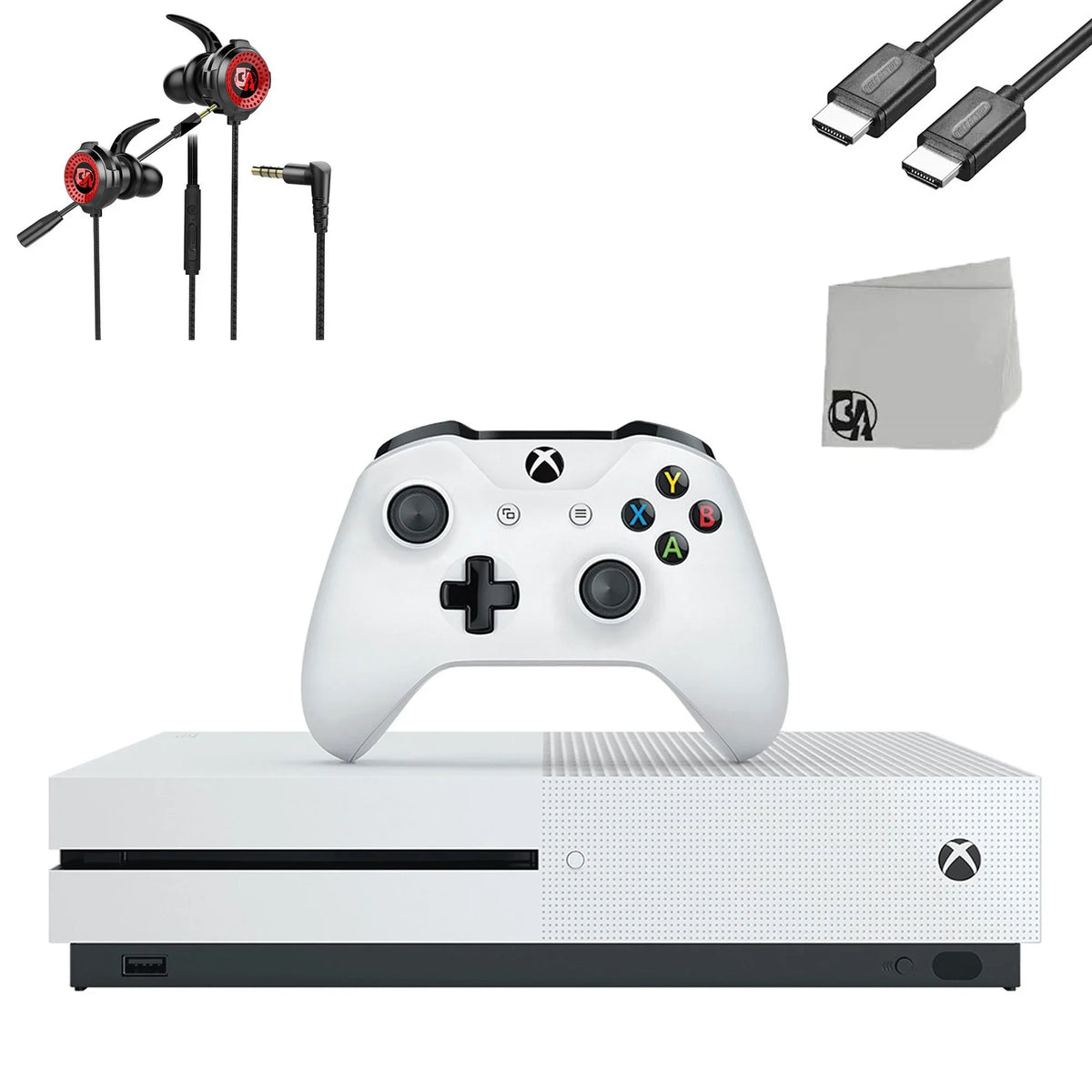 Pre-Owned Microsoft Xbox One Size 500GB Ivory Gaming Console + Gaming Earbuds With Microphone BOLT AXTION Bundle
