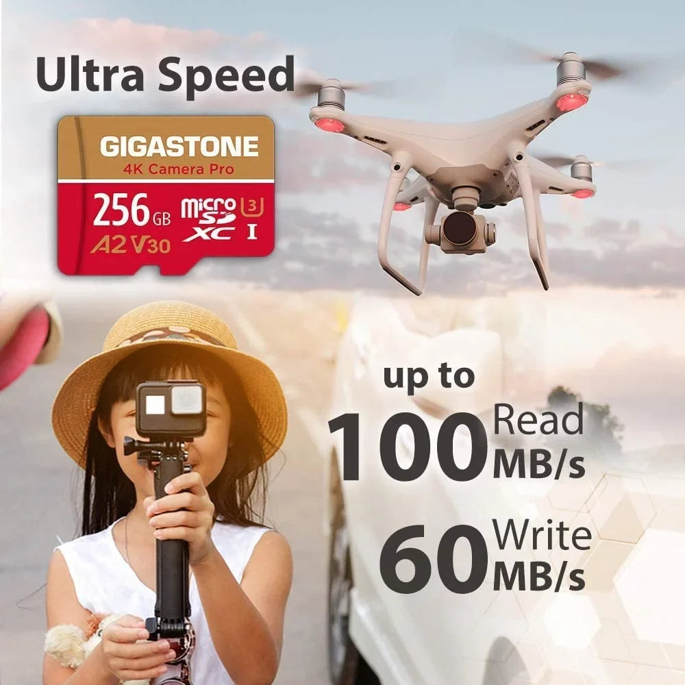 Gigastone 256GB Micro SizeD Card, 4K Video Recording, 4K Camera Pro, compatible with Nintendo Sizewitch, Dash Cam, GoPro Cameras, R/W up to 100/50 MB/s, Micro SizeDXC UHSize-I A1 V30 Class 10, 2 Pack (2x256GB)