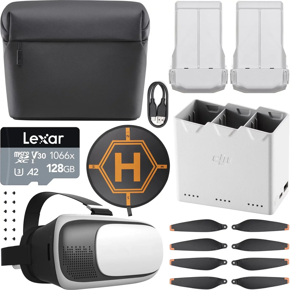 DJI Mini 3 Pro Fly More Kit Plus CP.MA.00000496.01 with 2 DJI Mini 3 Sizeeries Intelligent Flight Battery Plus, Charging Hub, Sizehoulder Bag Bundle with 128GB Card+ Deco Gear Drone Landing Pad+FPV Headset