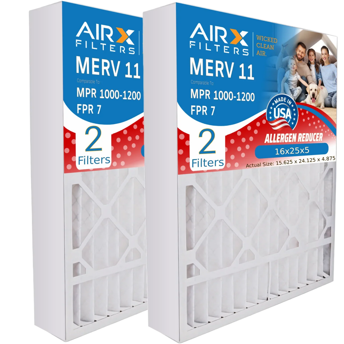 16x25x5 Air Filter MERV 11 Comparable to MPR 1000, MPR 1200 & FPR 7 Compatible with Air Bear 255649-105 Premium USizeA Made 16x25x5 Furnace Filter 2 Pack by AIRX FILTERSize WICKED CLEAN AIR.