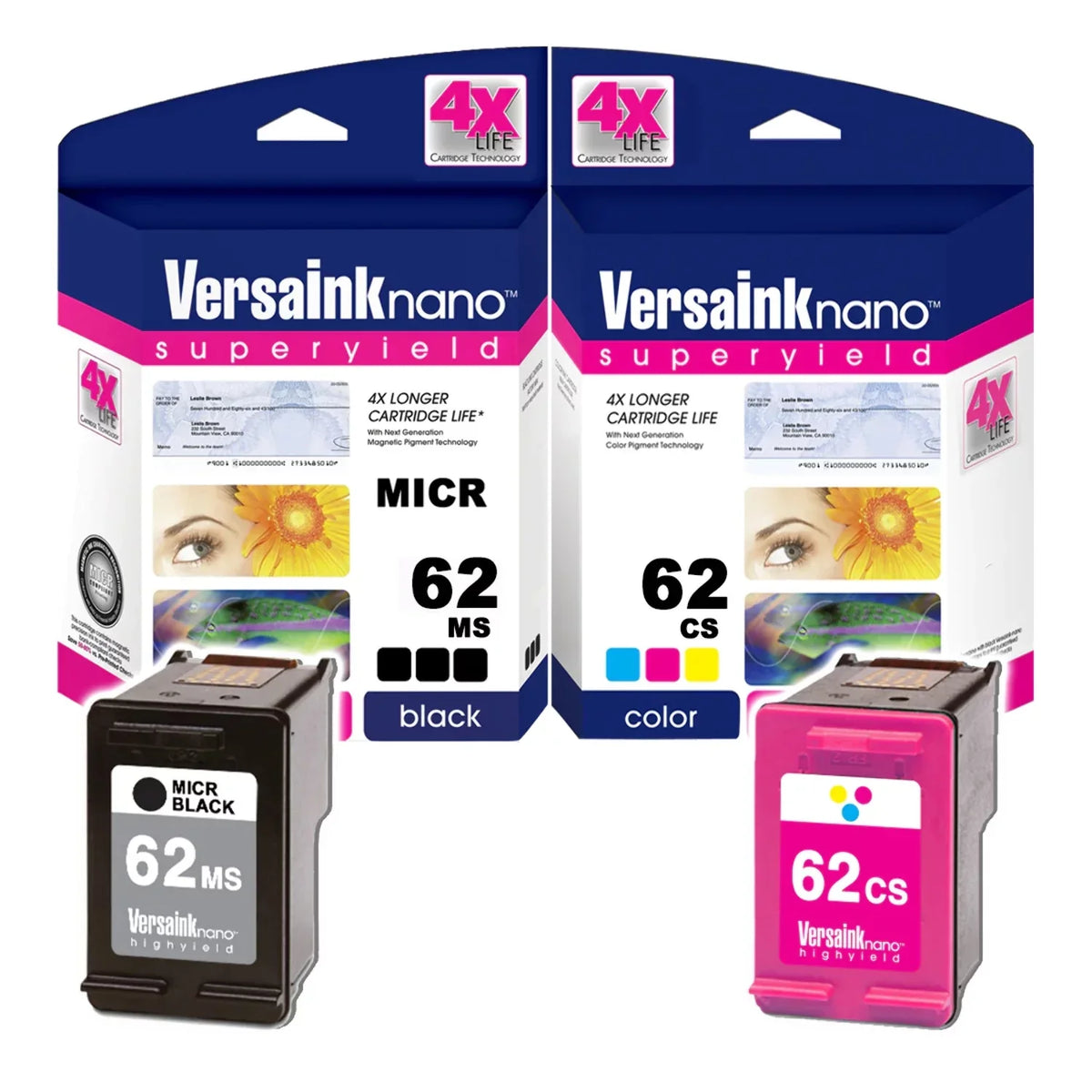 VersaInk-nano HP 62MSize Black(MICR)  62CSize Color Cartridges - 4X Life