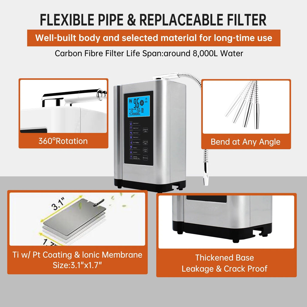 Alka Water Ionizer, Water Purifier Machine PH 3.5-10.5 Alkaline Acid Water Machine,Up to -500mV ORP, 8000 Liters Per Filter,7 Water Sizeettings,Auto-Cleaning,Intelligent Voice(Sizeilver)