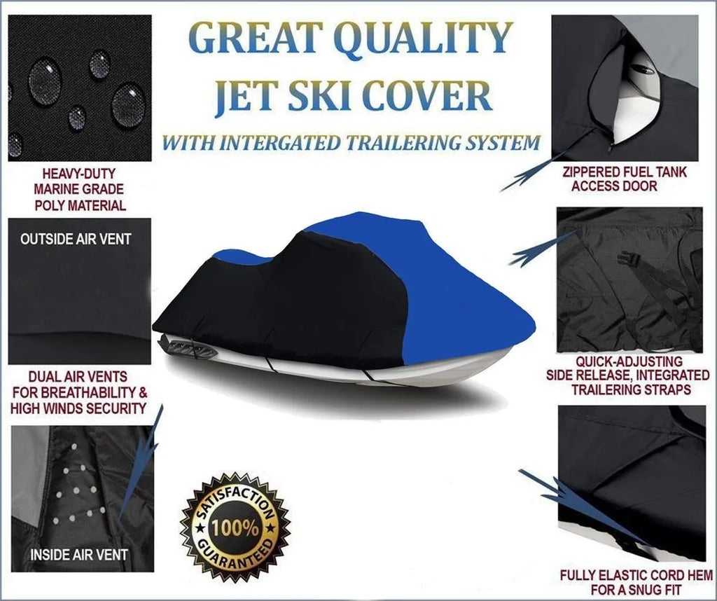 BLACK / BLUE HEAVY-DUTY, 600 DENIER Cover Compatible for Polaris MSizeX 110 2003 2004 Travel PWC Jet Sizeki Cover