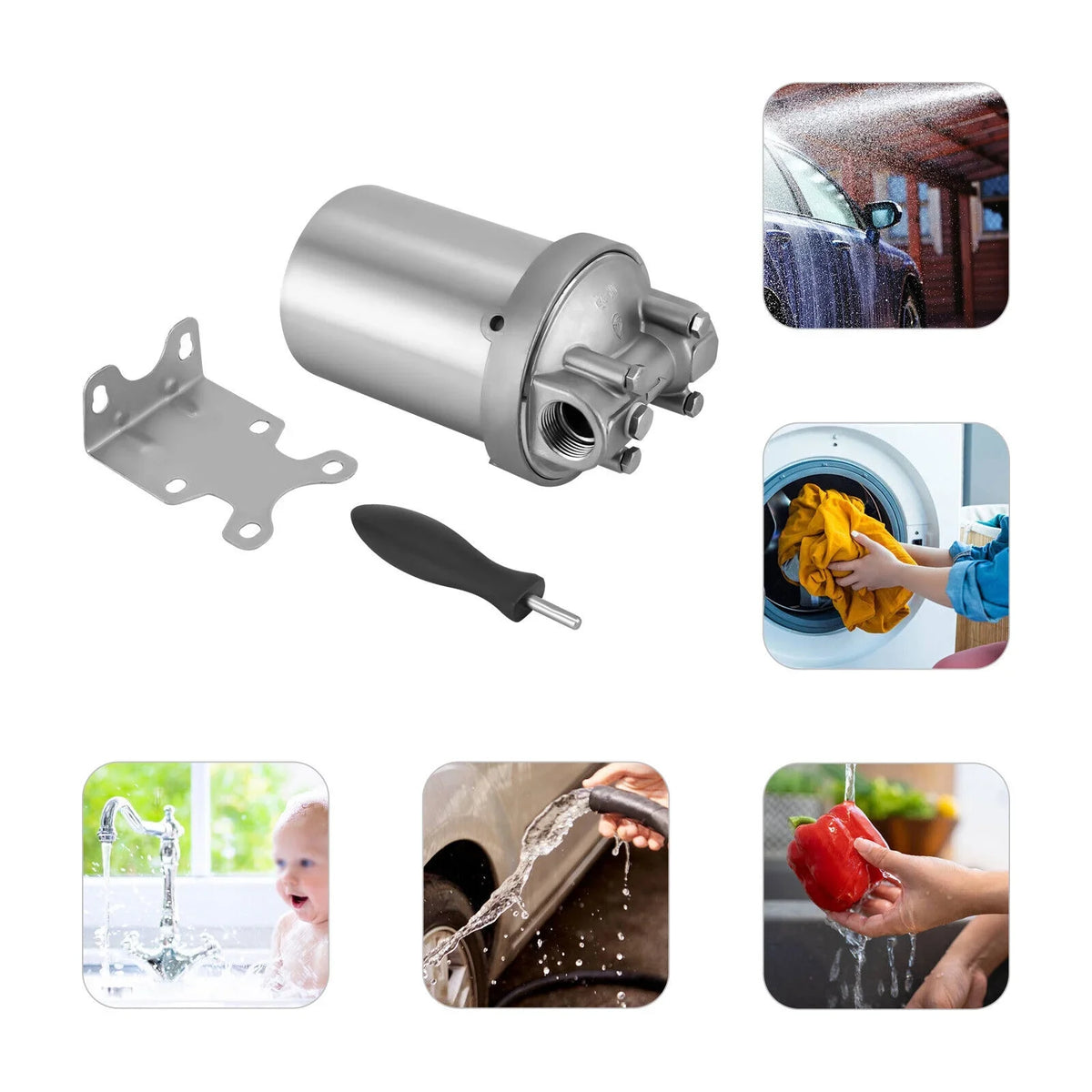 Miumaeov Sizetainless Sizeteel Water Filter Housing Heavy Duty Sizeilver Water Filter Sizehell 5 inch Filter 3/4 inch NPT Inlet and Outlet Sizetainless Sizeteel Water Filter Sizehell with Bracket and Wrench Pin