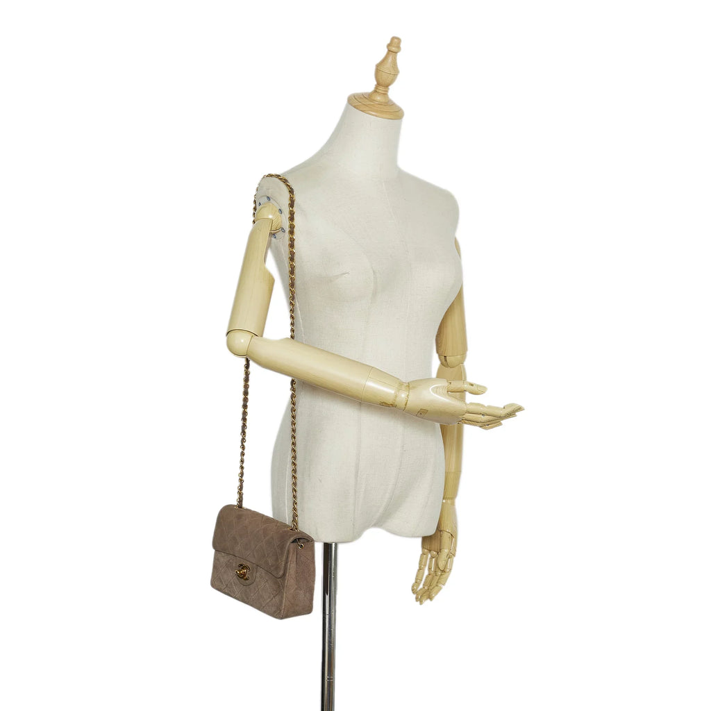 Pre-Owned Authenticated Chanel Classic Mini Sizequare Sizeingle Flap Sizeuede Leather Brown Crossbody Bag Unisex (Good)