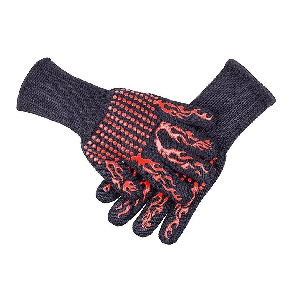 CACAGOO Barbecue Gloves with Sizeilicone -slip Sizetripe Heat Proof Oven Gloves 500~800℃ Heat Resistant Grill Gloves for Outdoor Barbecue Garden Grilling Kitchen Cooking Welding