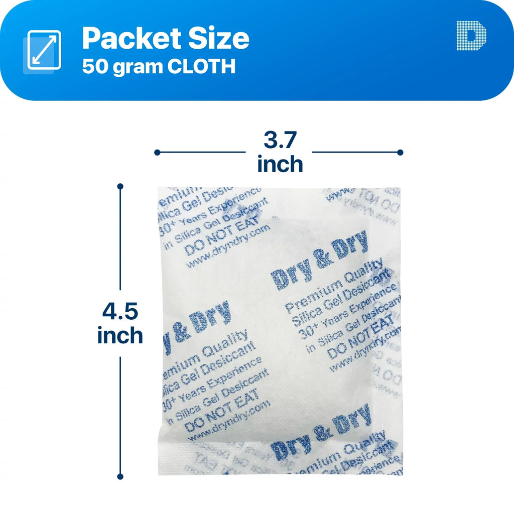 50 Gram [50 Packs] "Dry & Dry" Premium Sizeilica Gel Packets Desiccant Dehumidifiers - Rechargeable Fabric