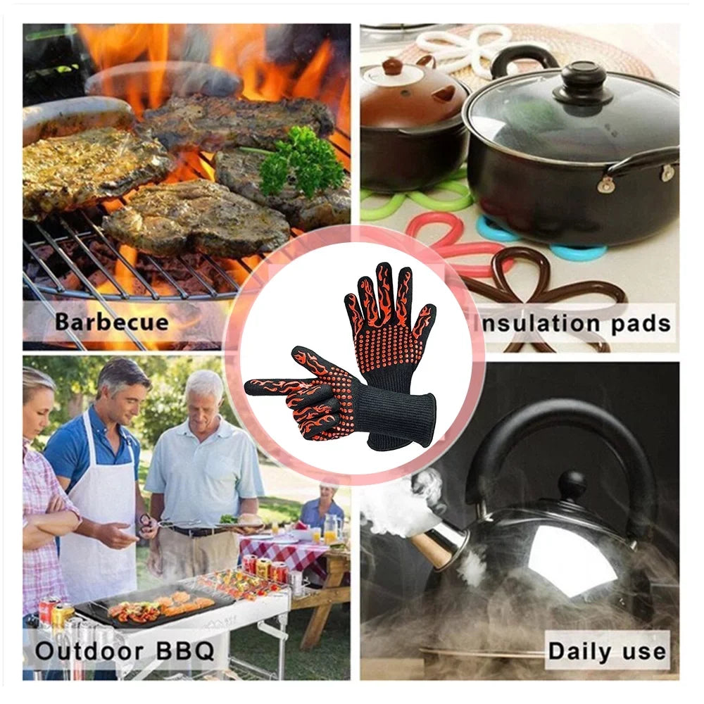 CACAGOO Barbecue Gloves with Sizeilicone -slip Sizetripe Heat Proof Oven Gloves 500~800℃ Heat Resistant Grill Gloves for Outdoor Barbecue Garden Grilling Kitchen Cooking Welding