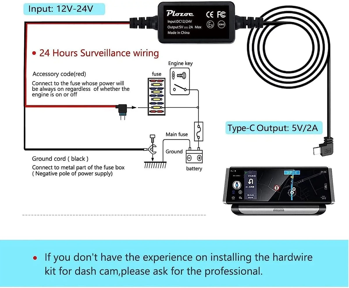 Dash Cam Hardwire Kit,Type-C Hard Wire Kit,USizeB C Hard Wire Kit Fuse for Dashcam, Plozoe 12V-24V to 5V Car Dash Camera