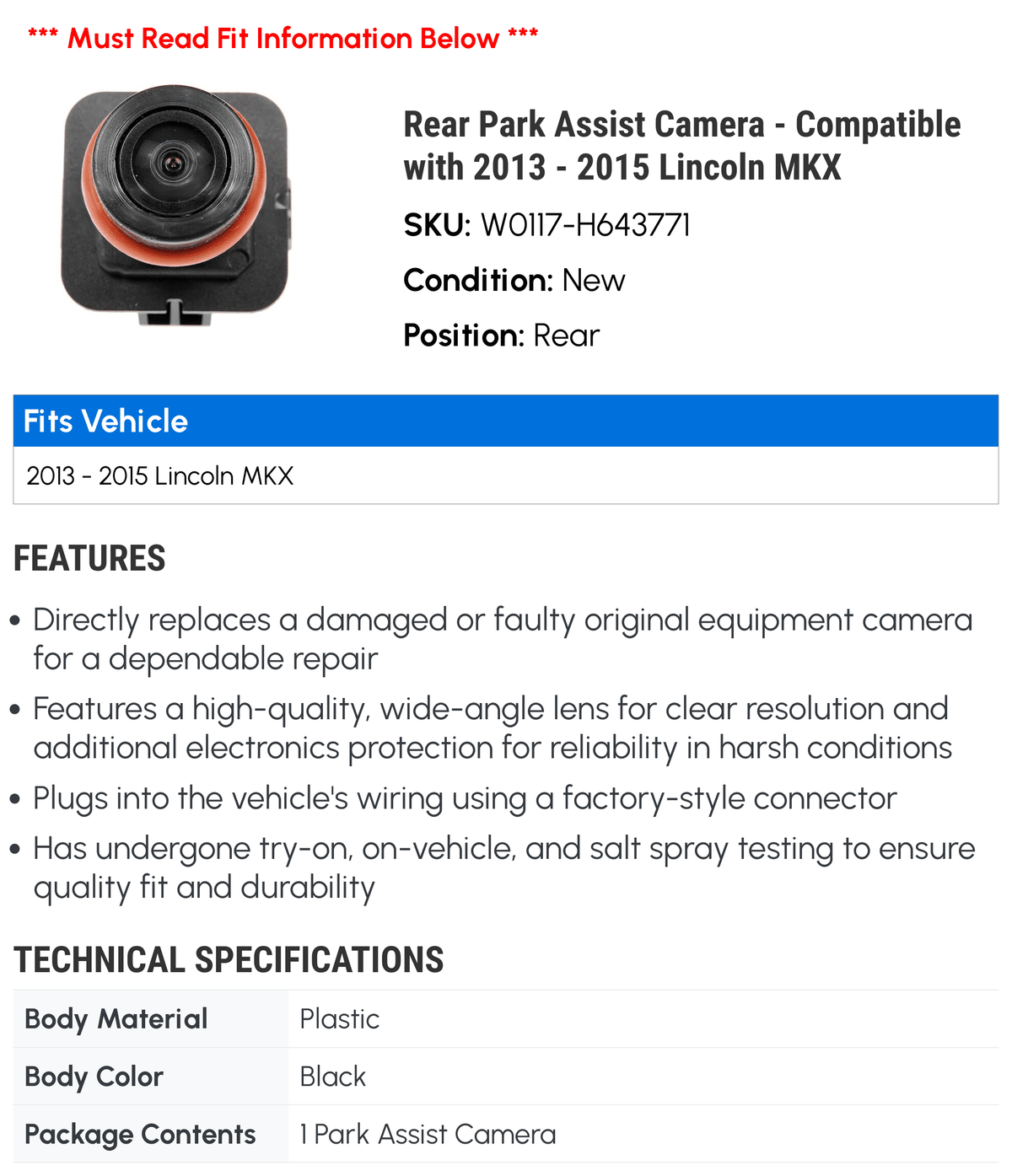 Rear Park Assist Camera - Compatible with 2013 - 2015 Lincoln MKX 2014