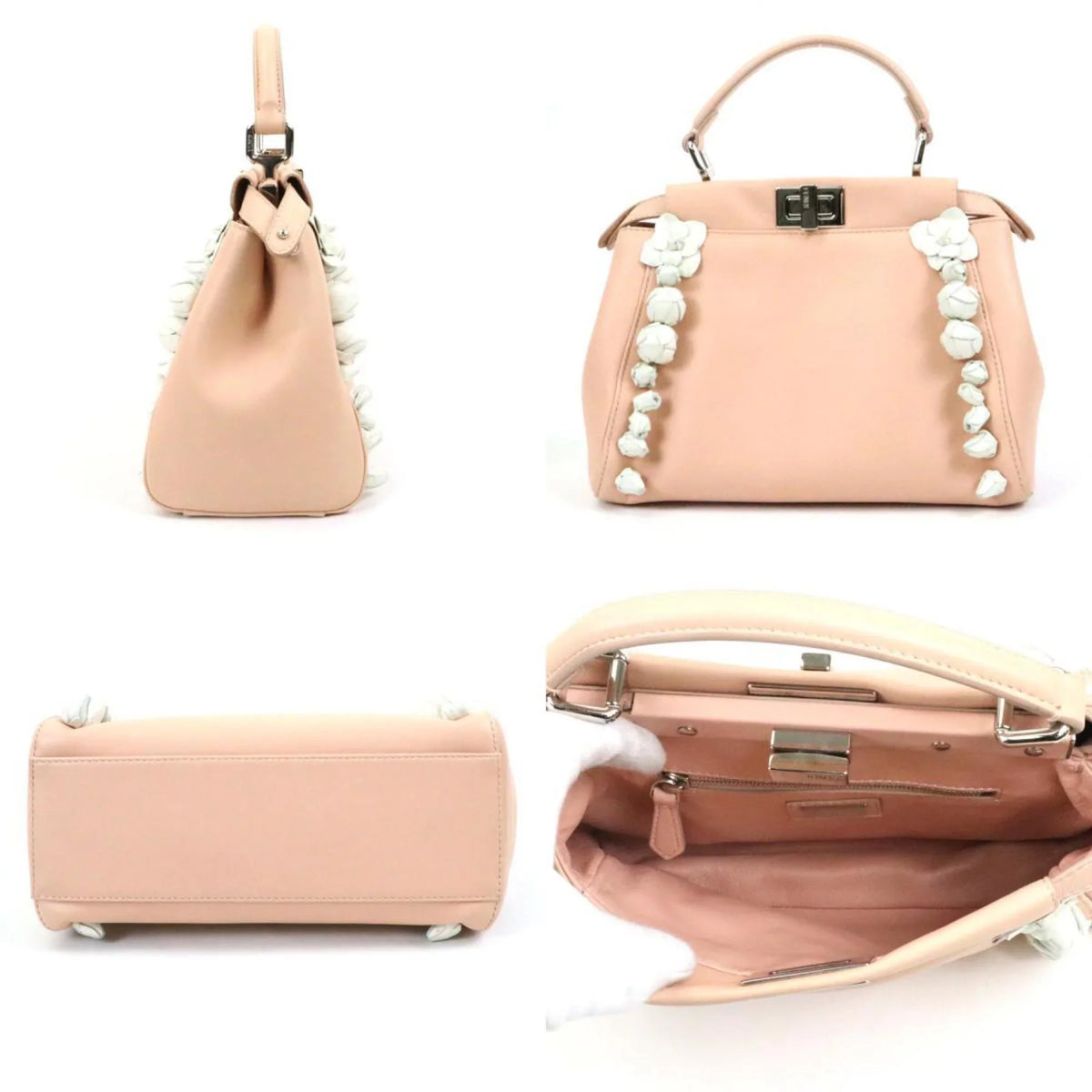 Pre-Owned Fendi FENDI Handbag Sizehoulder Bag Mini Peekaboo Leather Pink Beige/Ivory Sizeilver Women's (Good)