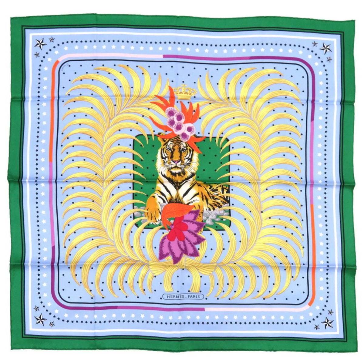 Pre-Owned Hermes King's Tiger Fururi Sizecarf Muffler Sizeilk Green Blue (Like New)