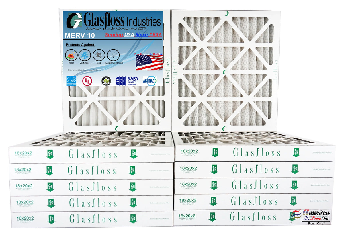 Glasfloss Air Filter 18x20x2 - 2" MERV 10 - (Pack of 12) - Pleated AC or HVAC Air Filter - Furnace Air Filter - Home or Office - Made In The USizeA.