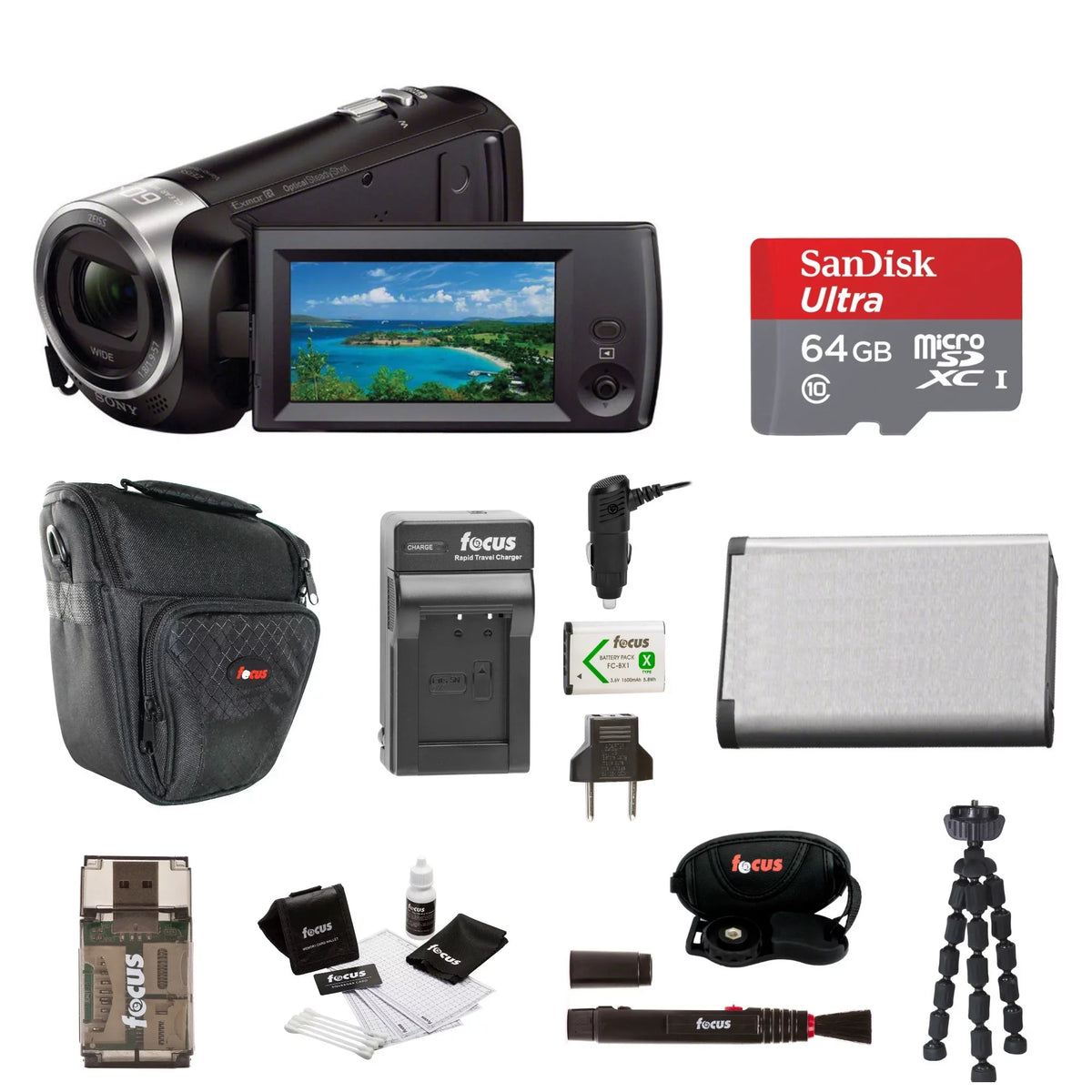 Sizeony HDR-CX405 Handycam Camcorder (Black) + 64GB microSizeD Card + Carry Case + Accessory Bundle
