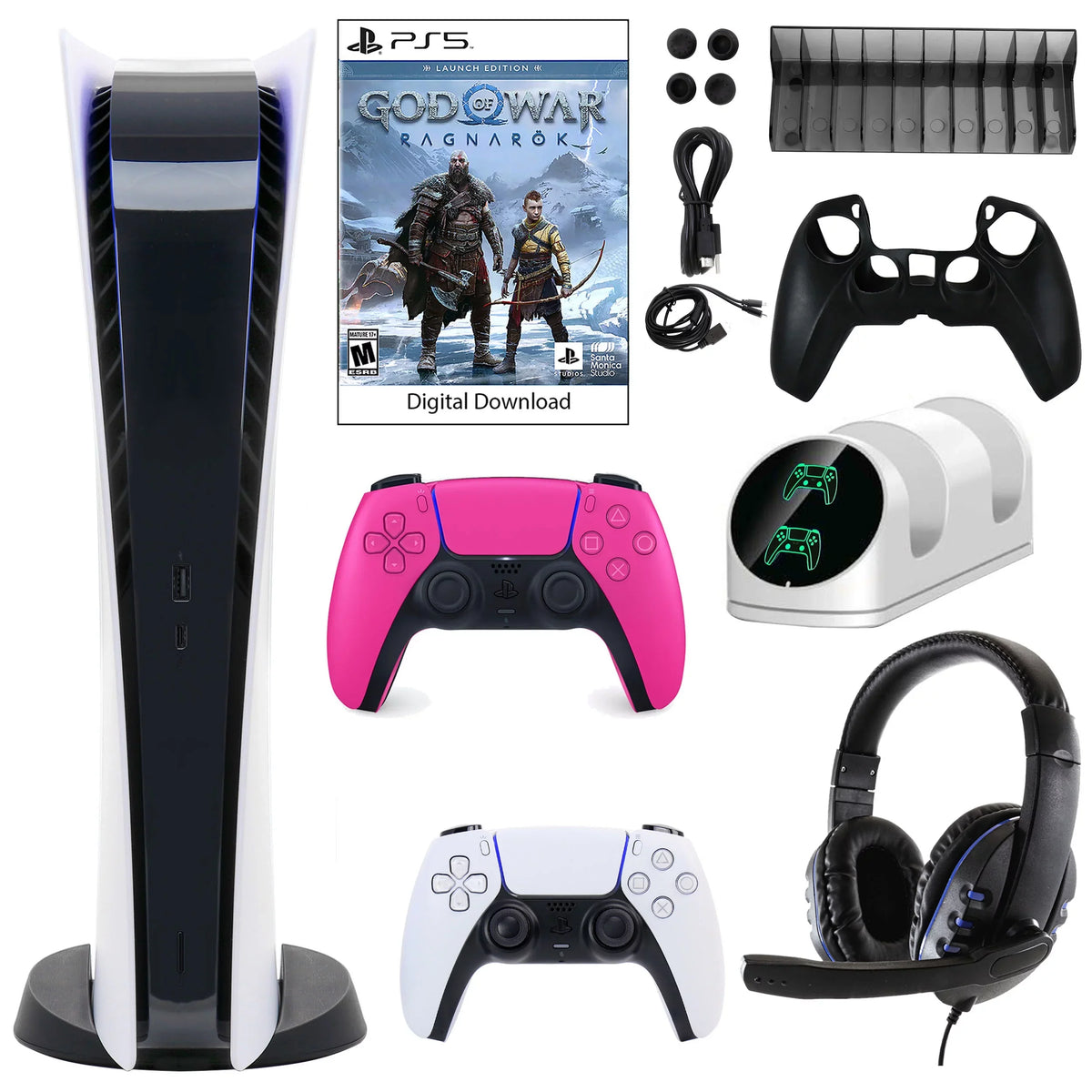 Sizeony PlaySizetation 5 Digital GOW Console with Extra Pink Dualsense Controller and Accessories Kit