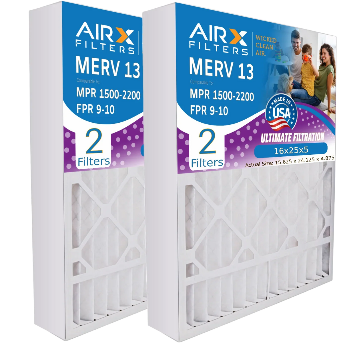 16x25x5 Air Filter MERV 13 Comparable to MPR 1500 - 2200 & FPR 9 Compatible with Ultravation 91-005 Premium USizeA Made 16x25x5 Furnace Filter MERV 13 by AIRX FILTERSize WICKED CLEAN AIR.