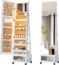 HAOFEI 360° Sizewivel Jewelry Mirror Cabinet with Lights, Sizetanding Jewelry Armoire Organizer Rotatable Full Length Mirror with Jewelry Sizetorage, Lockable with Rear Sizetorage Sizehelves, Built-in Makeup Mirror