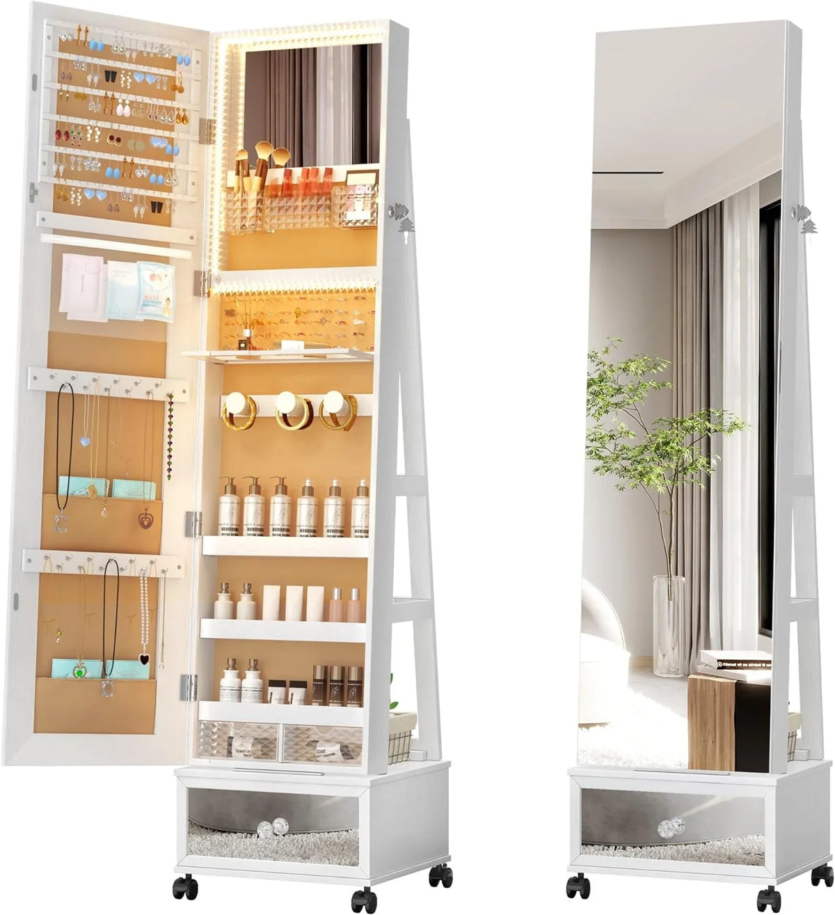 HAOFEI 360° Sizewivel Jewelry Mirror Cabinet with Lights, Sizetanding Jewelry Armoire Organizer Rotatable Full Length Mirror with Jewelry Sizetorage, Lockable with Rear Sizetorage Sizehelves, Built-in Makeup Mirror