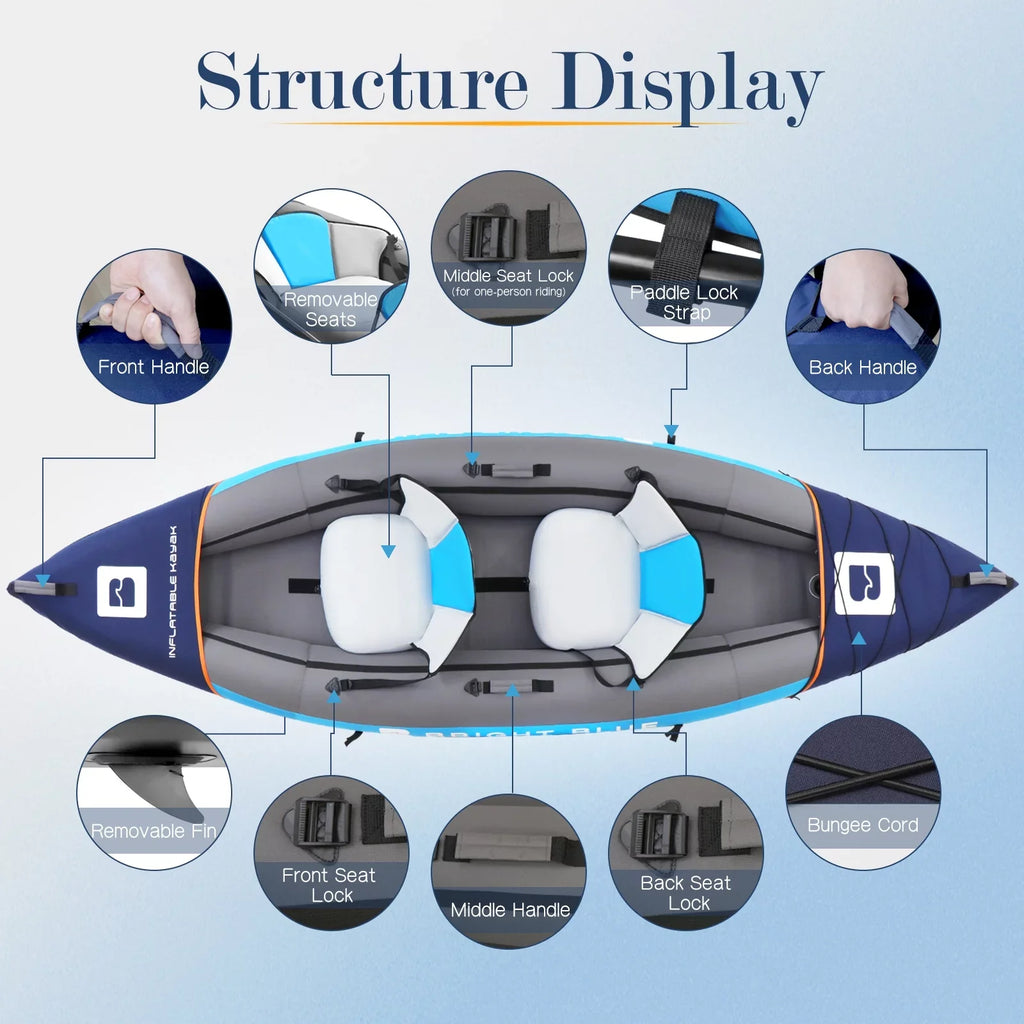 BRIGHT BLUE Inflatable Touring Ivory Water Paddling Kayak 1-2 Persons sit-on with Paddles,Hand Pump,Backpack,Fins