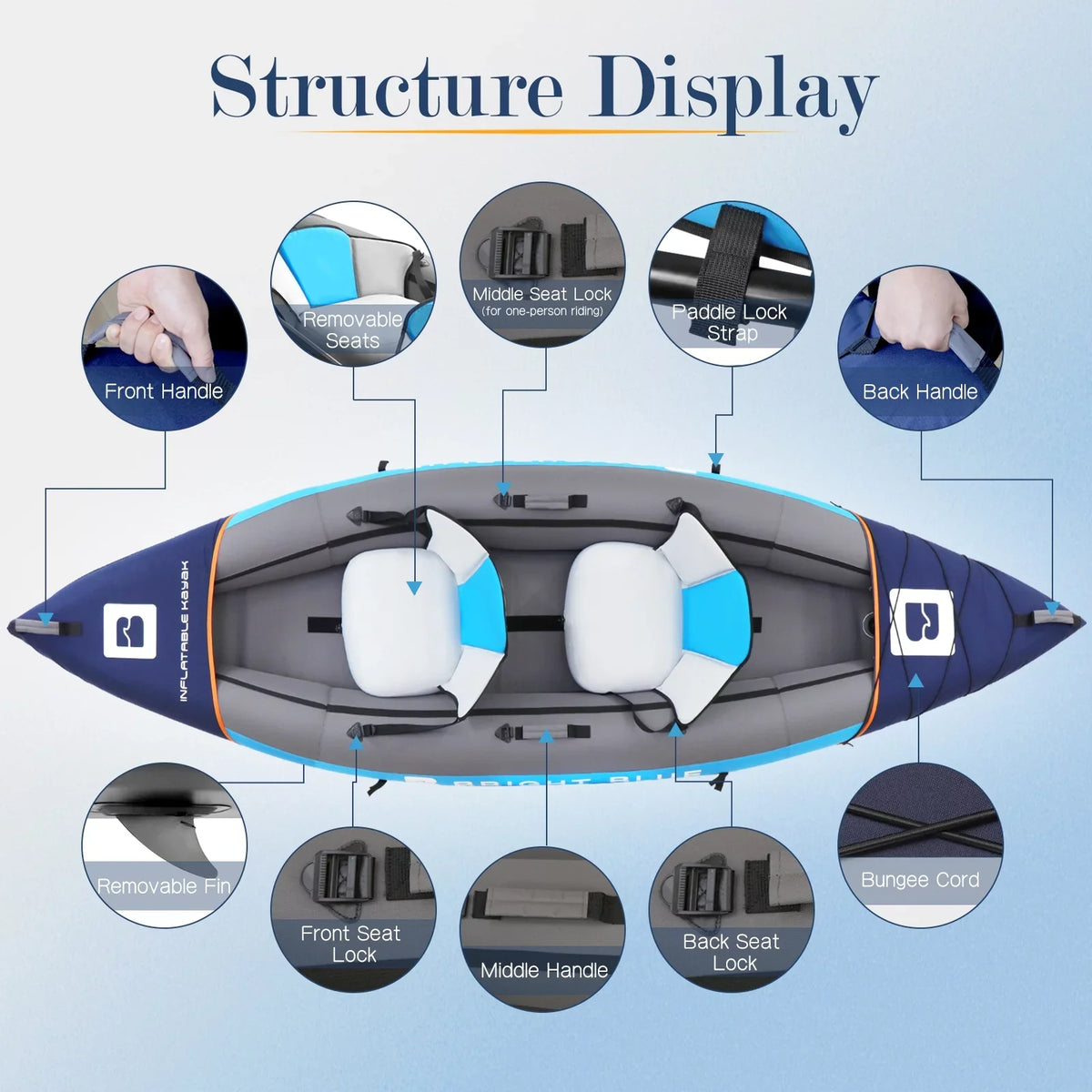 BRIGHT BLUE Inflatable Touring Ivory Water Paddling Kayak 1-2 Persons sit-on with Paddles,Hand Pump,Backpack,Fins