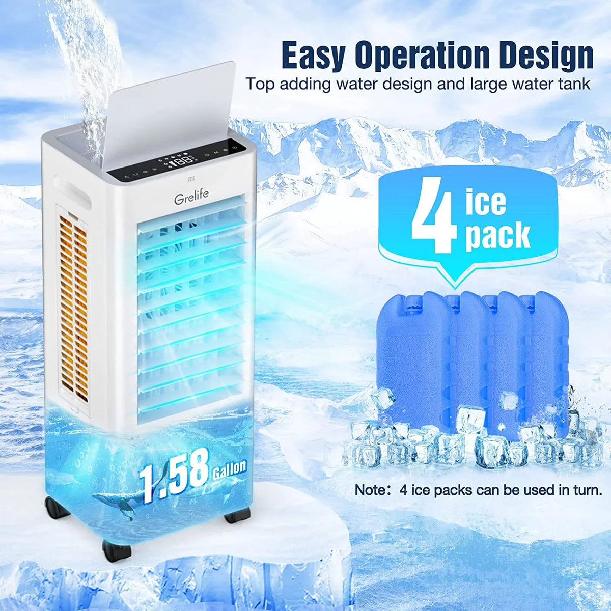 LIANMEI Portable Evaporative Air Cooler, 3-IN-1 Air Cooler Cooling Fan with Remote Control, 12H Timer, 4 Ice Packs, 1.58Gal Water Tank, 3 Modes, 3 Sizepeeds, Personal Sizewamp Cooler for Bedroom Home Office