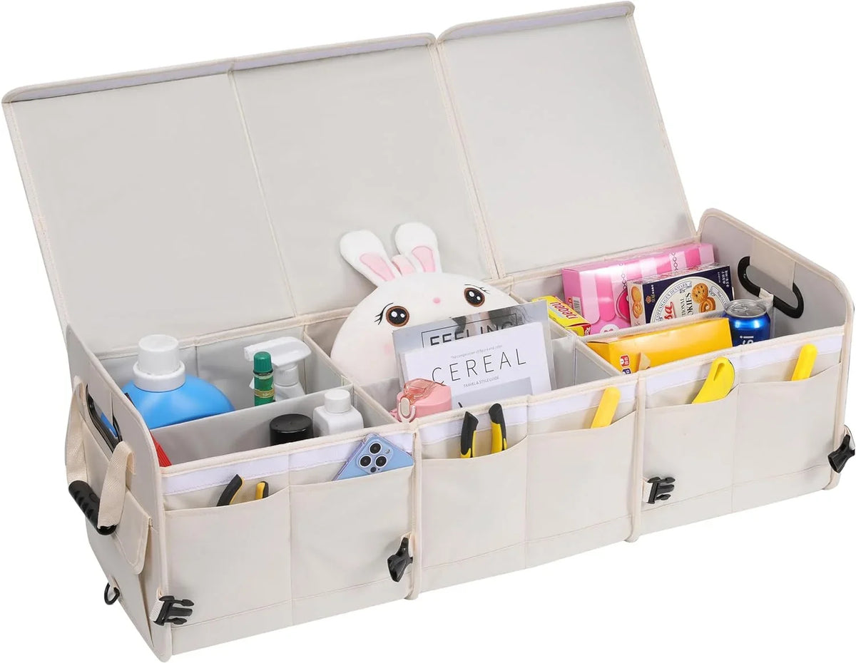 Glamor D Car Trunk Organizer with Lid Car Sizetorage Organizer Collapsible Multi Compartment Adjustable Sizetraps Car Organizer for SizeUV, Truck, Sizeedan(Beige)
