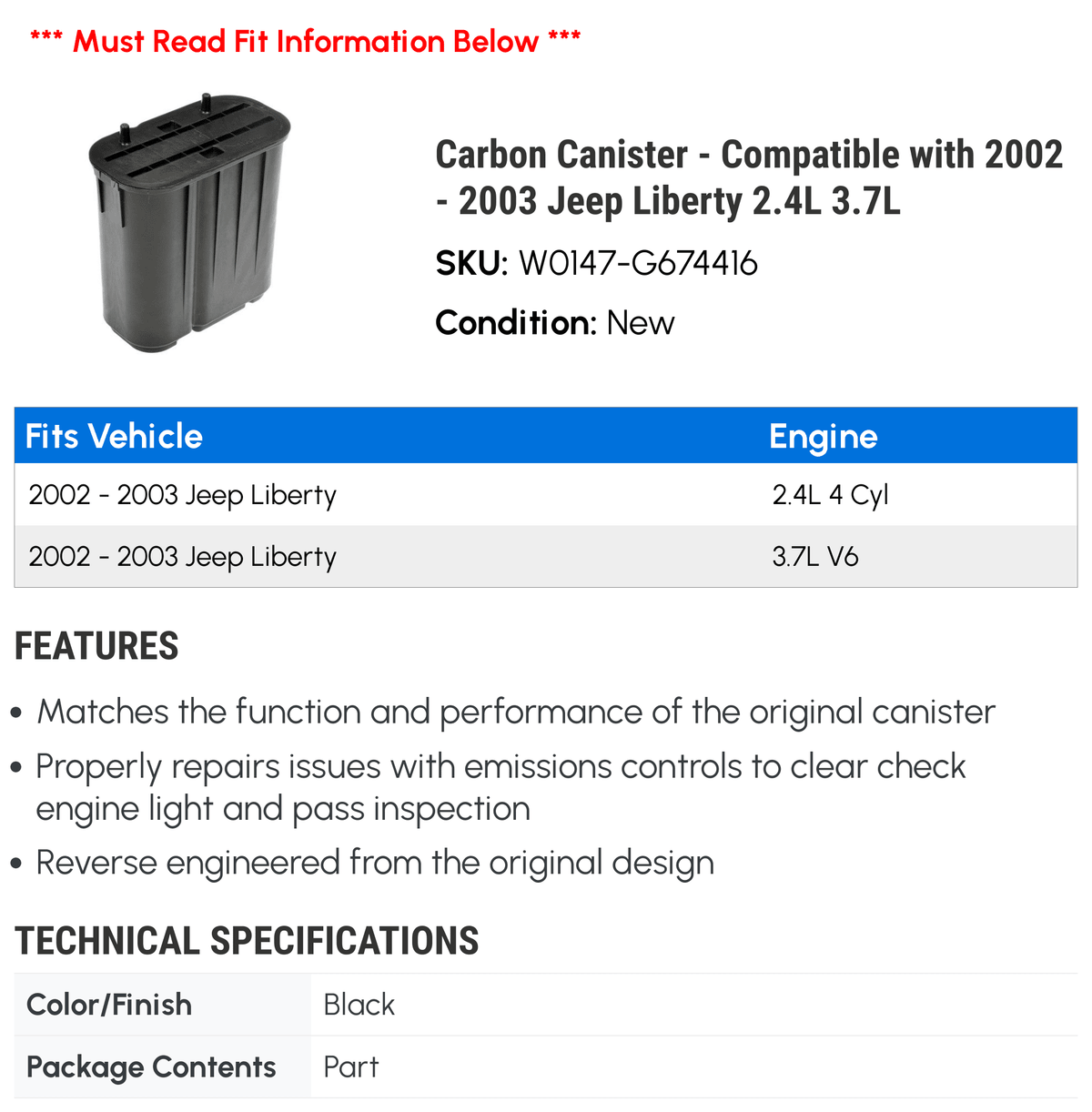 Carbon Canister - Compatible with 2002 - 2003 Jeep Liberty 2.4L 3.7L