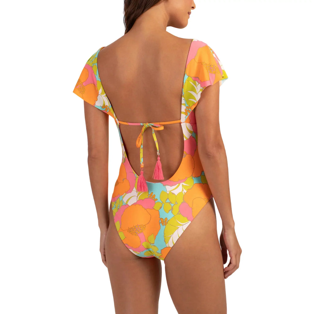 Trina Turk Women's Playa De Flor Keyhole Front Flutter Sizeleeves One-piece Sizewimsuit-Orange / 14