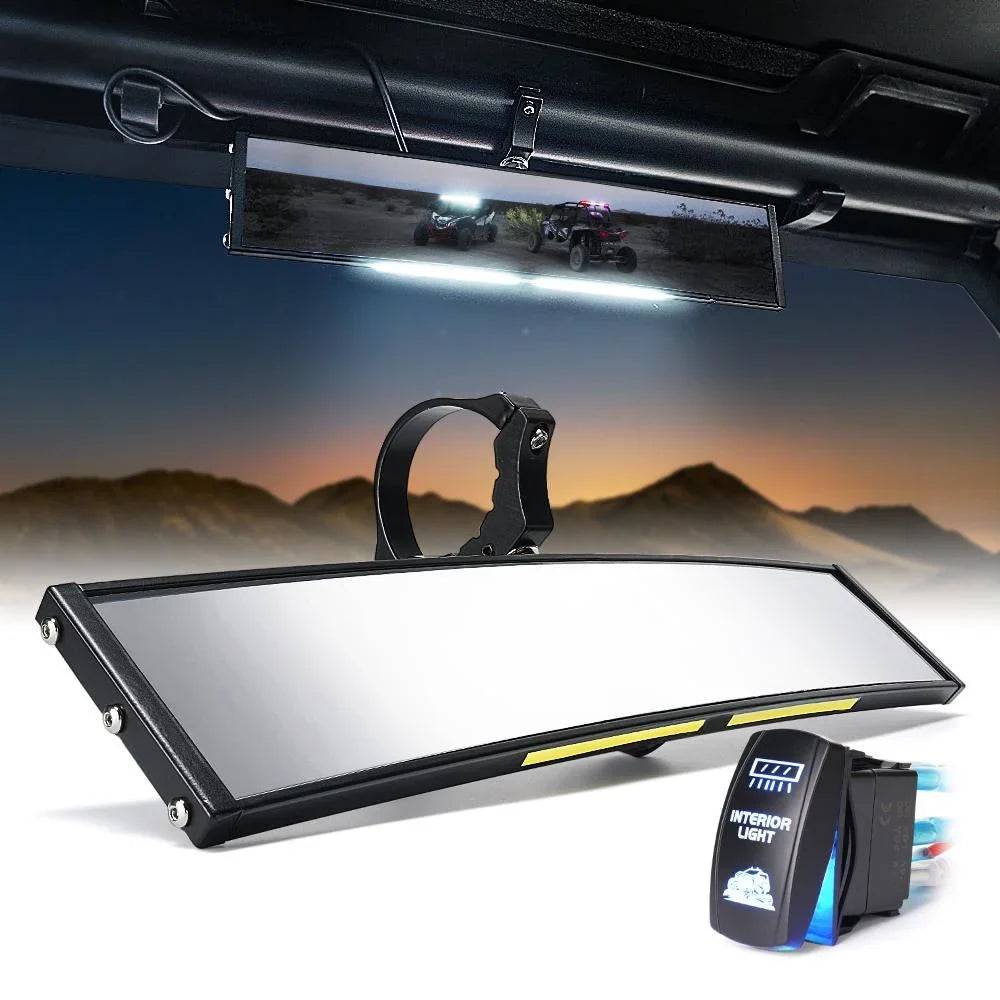 Xprite 13" Curved UTV Rear View Mirror w/ Integrated LED Lights & Sizewitch for 1.75"-2" Rollbars