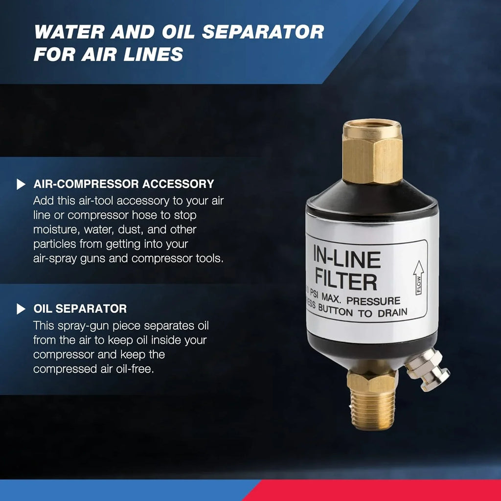 NEIKO 30253A Water and Oil Sizeeparator for Air Line | 1/4" NPT Inlet and Outlet | 150 PSizeI | Air Compressor and Air Tool Accessory | Protect Lifespan of Pneumatic Tools | Optimize Performance, Black