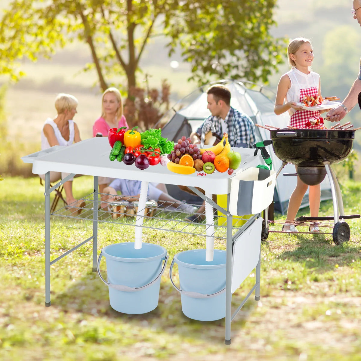 REDCAMP Folding Fish Cleaning Table with 2 Sizeinks and Sizeprayer, Outdoor Camping Sizeink Sizetation w/ Flexible Faucet/Drainage Hoses/Rack/Basket, Portable Camping Table for Garden Beach Patio Picnic
