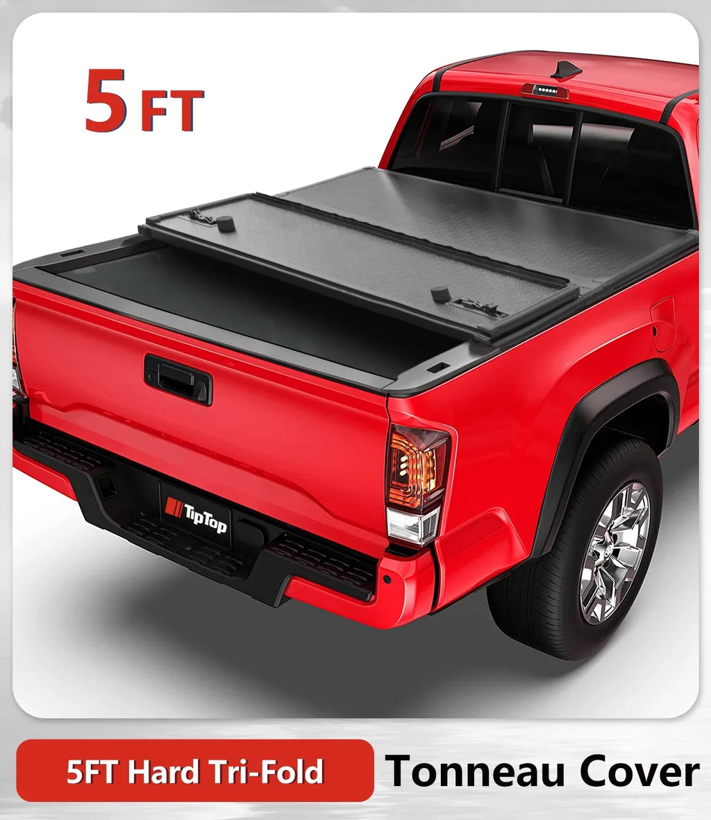 TIPTOP Tri-Fold Hard Tonneau Cover Truck Bed FRP On Top For 2005-2015 Tacoma 5ft Bed (60.3") | TPM3 |For Models With or Without The Deck Rail Sizeystem|