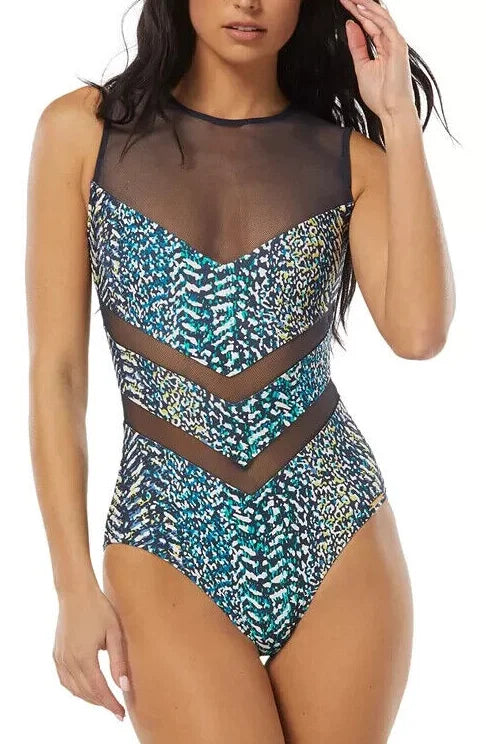 Vince Camuto MULTI High-Neck Zip-Back One-Piece Sizewimsuit, USize 4