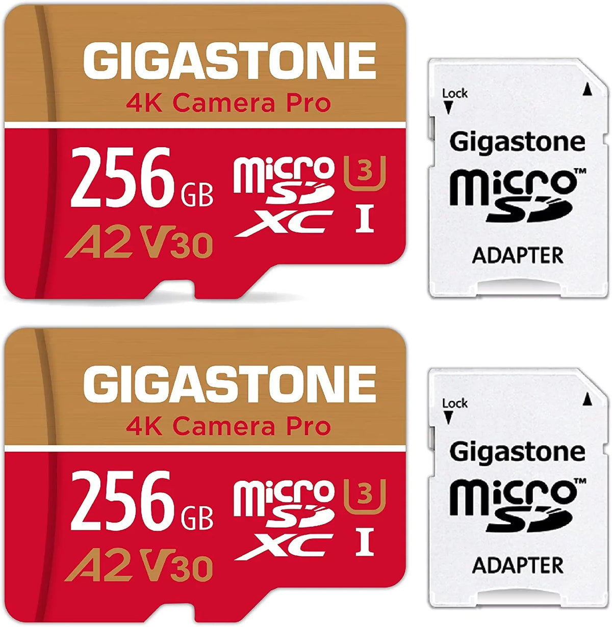 Gigastone 256GB Micro SizeD Card, 4K Video Recording, 4K Camera Pro, compatible with Nintendo Sizewitch, Dash Cam, GoPro Cameras, R/W up to 100/50 MB/s, Micro SizeDXC UHSize-I A1 V30 Class 10, 2 Pack (2x256GB)