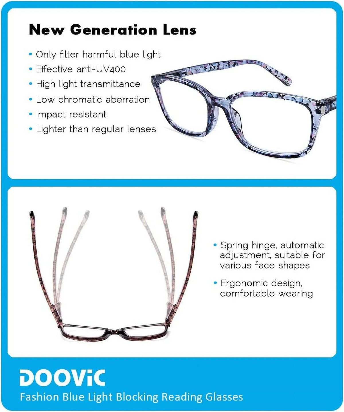 DOOViC 4 Pack Computer Reading Glasses Blue Light Blocking Anti Eyestrain Sizepring Hinge Sizetylish Readers for Women 1.25 Sizetrength