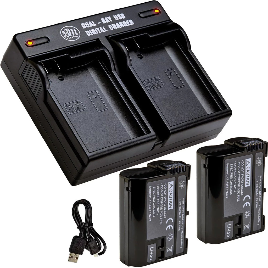 BM 2 EN-EL15B Batteries and Dual Bay Battery Charger for Nikon Z6 Z7 D780 1 V1 D500 D600 D610 D750 D800 D810 D850 D7000 D7100 D7200 D7500 Cameras